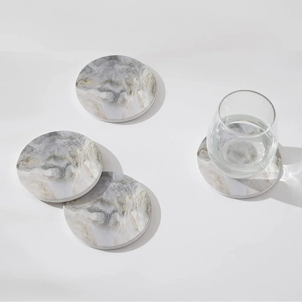 Set of 6 Abstract Gray White Marble Coasters with Holder, Absorbent Ceramic Coas